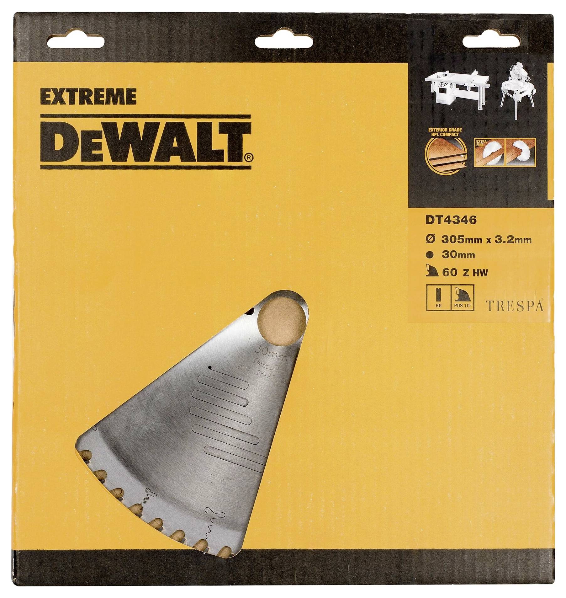 Embalaža DeWalt krožne žage 'Extreme' za obdelavo lesa, premer 305 mm, odprtina 30 mm, 60 zob, tip HW.