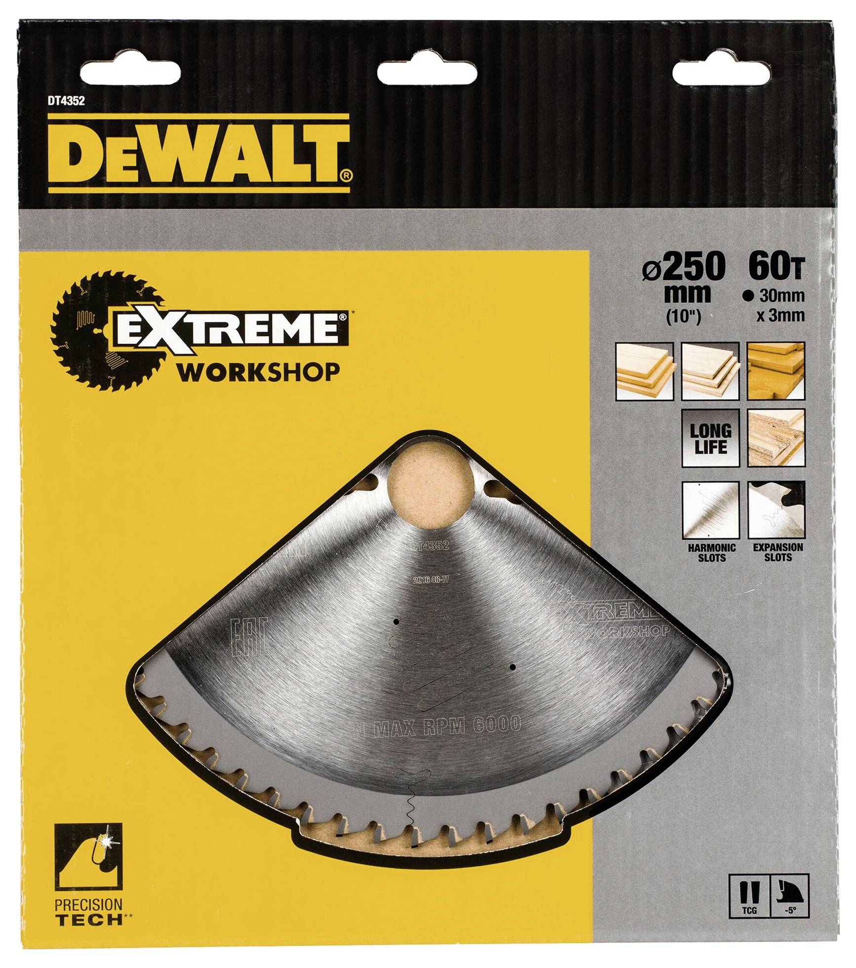 Krožna žaga DeWalt Extreme Workshop, premer 250 mm, 60 zob, primerna za lesna dela, na rumeni embalaži.