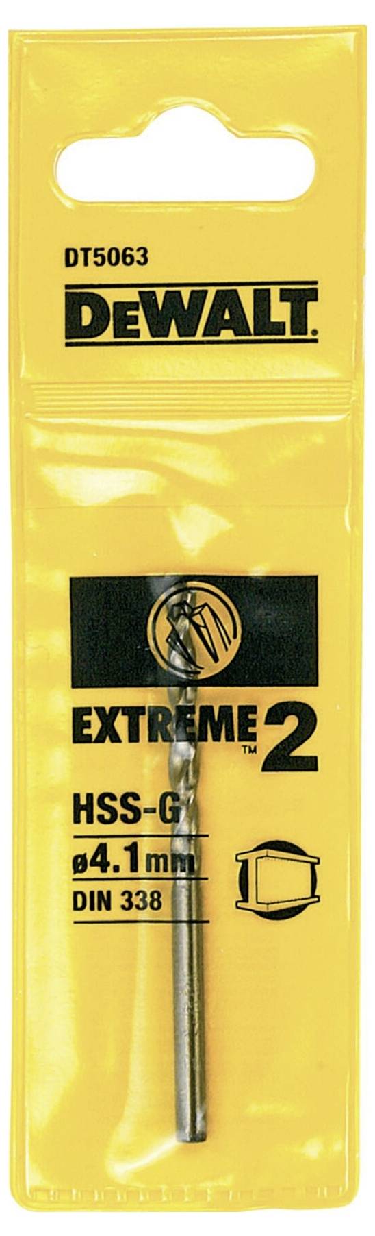 Svedri DeWalt v rumeni embalaži. Na embalaži piše 'EXTREME 2', HSS-G, 4,1 mm, DIN 338'.