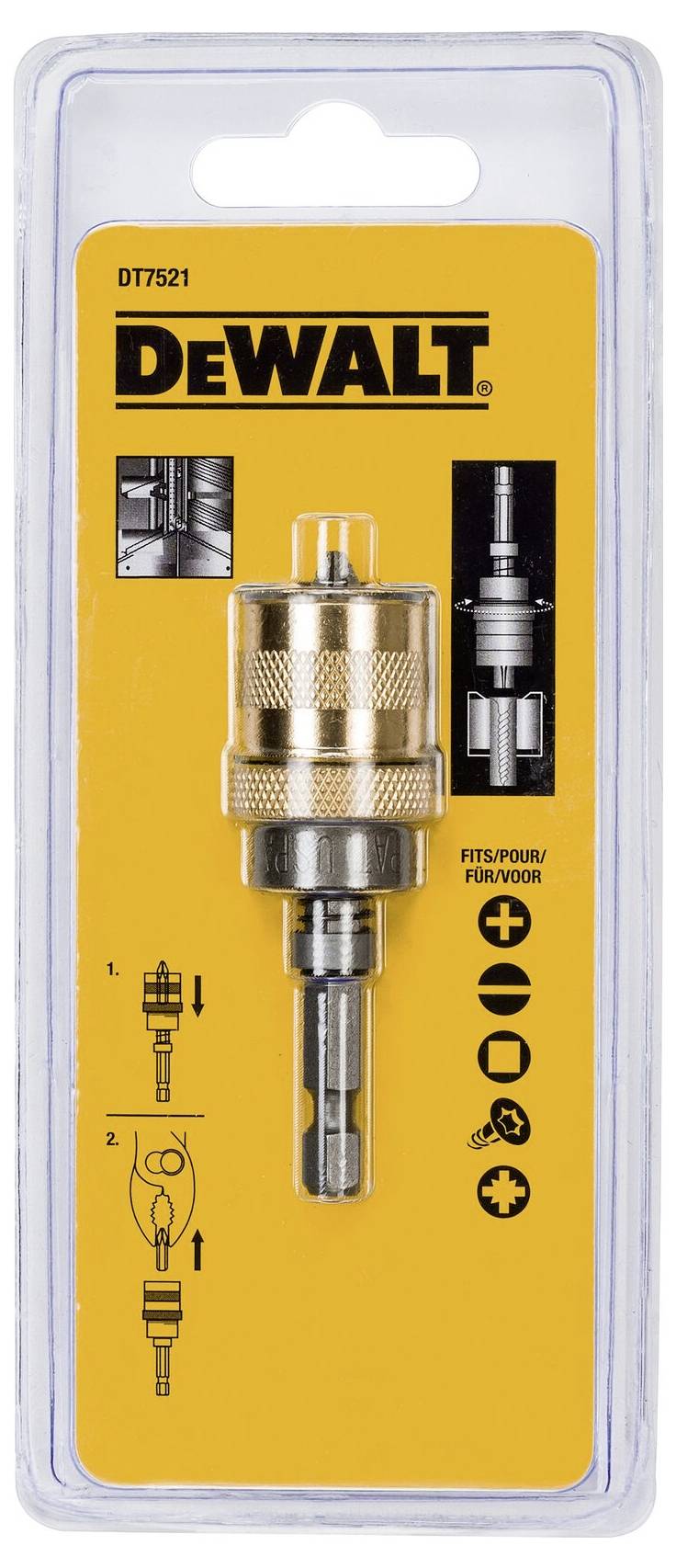 DEWALT DT7521 kovinski nosilec nastavkov v blister embalaži, prikazuje podrobnosti izdelka in navodila za pritrjevanje nastavkov.