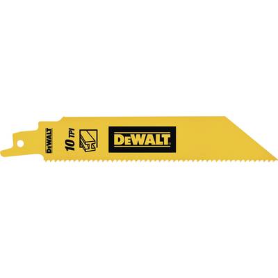 Rumeno Dewalt žagelno rezilo s črnim logotipom, označeno z '10 TPI' in simboličnim zobatim kolesom.