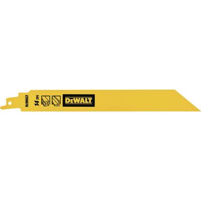 Rumeno žagino rezilo z logotipom 'DEWALT' v črni barvi. Levo piše '14 TPI', kar označuje število zob na palec.