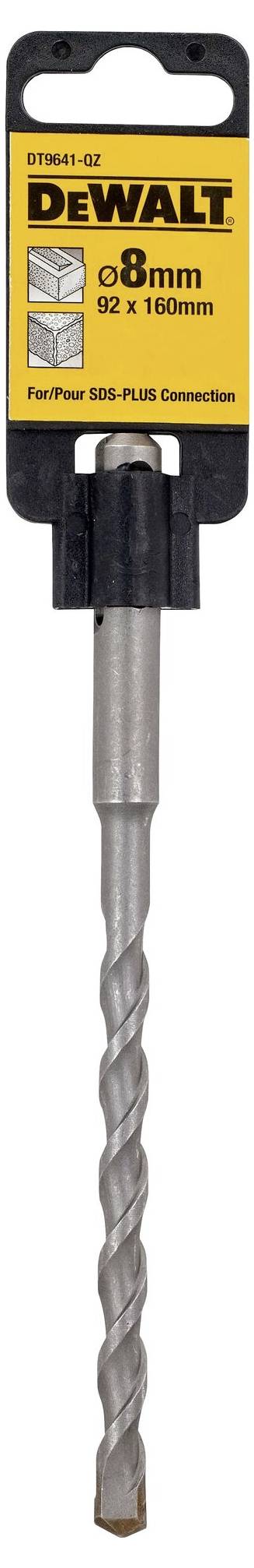 DeWalt sveder 'Ø8mm', 92x160mm, SDS Plus vpetje, primeren za beton in zidne materiale. Produktna embalaža prikazuje svedra in besedilo blagovne znamke.