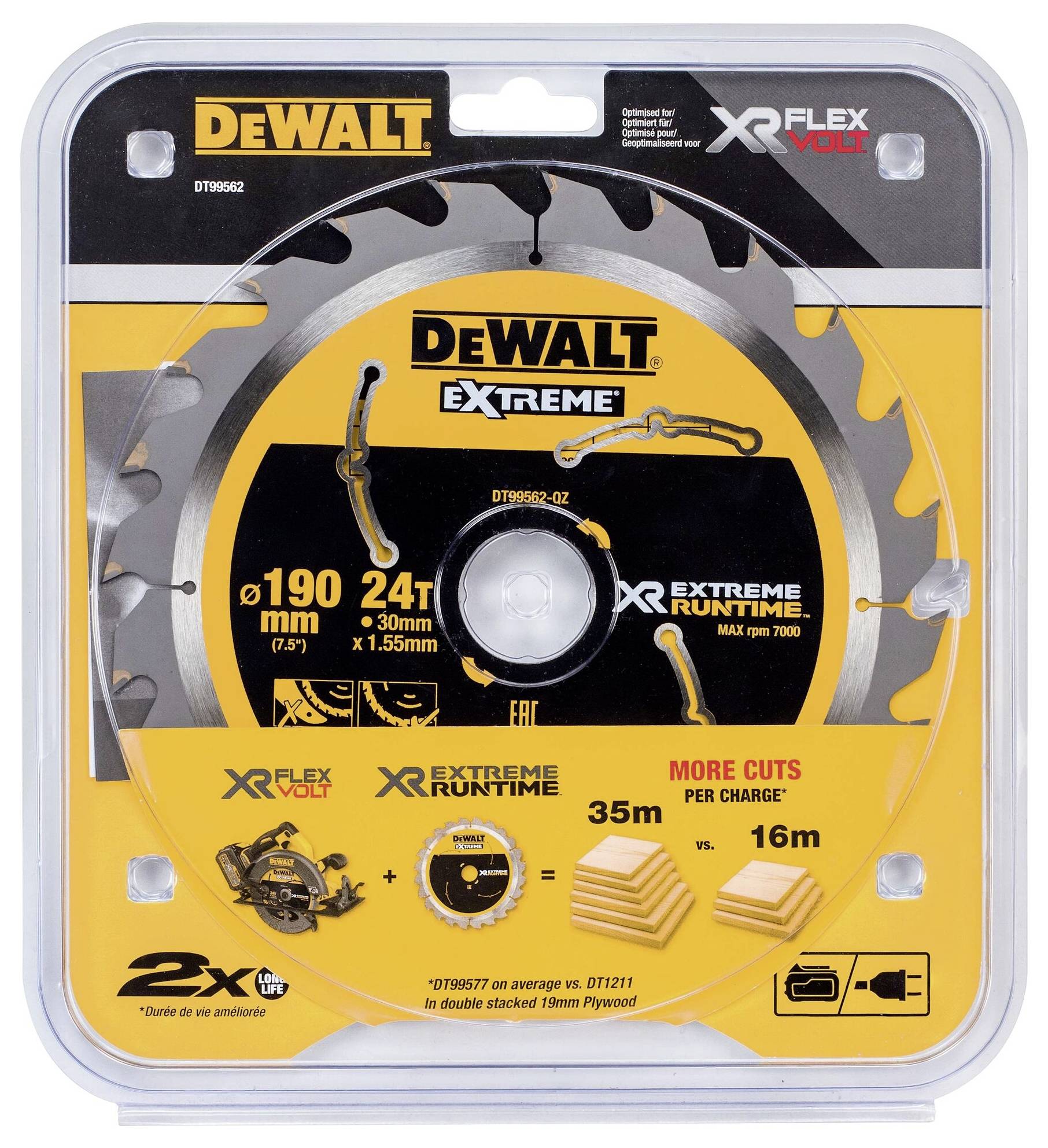Embalaža DeWalt 190 mm žage za les. Napis: 'Ekstremna življenjska doba', 'Več rezov na polnjenje', 35 m, 24 zob.