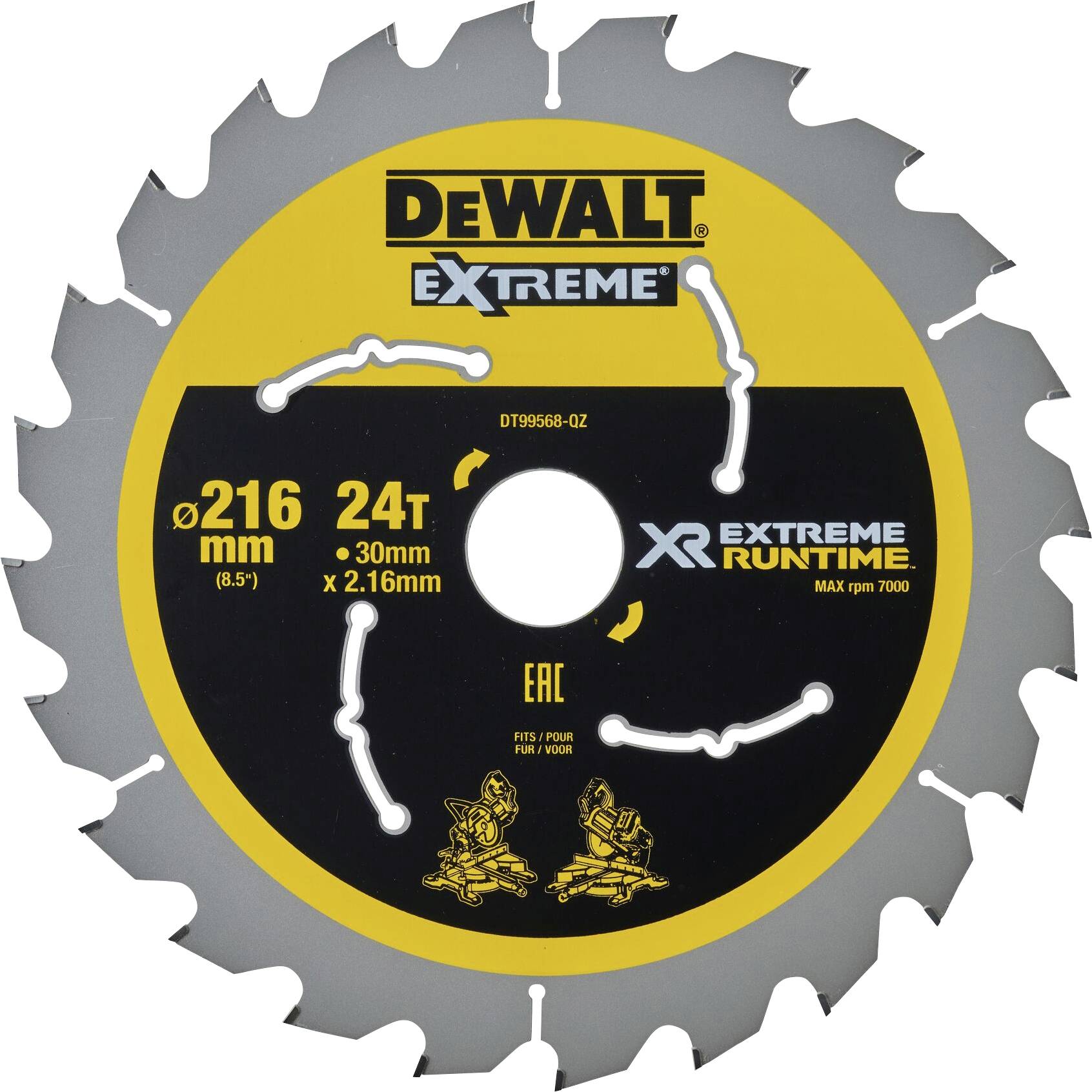 Žagin list DEWALT za les in plastiko, Ø 216 mm, 24 zob, del serije XR Extreme Runtime, za maksimalno zmogljivost.