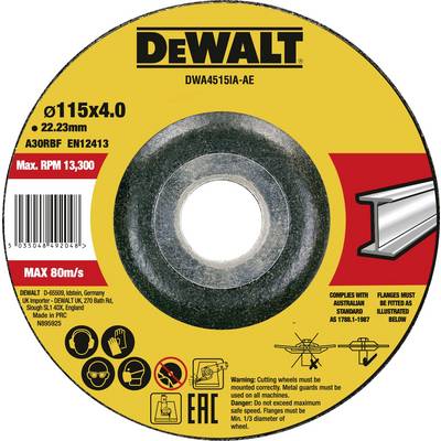 Okrogla rezalna plošča DeWalt z dimenzijami Ø115x4,0 mm. Maksimalno število vrtljajev 13.300. Primerna za rezanje kovin, certificirana po EN12413.