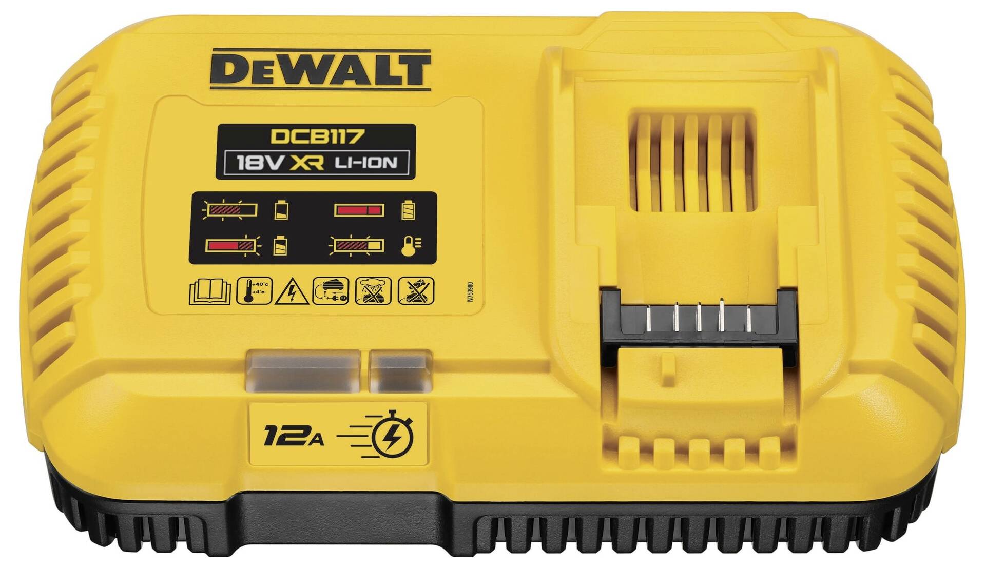 Rumeno DeWalt polnilnik modela DCB117 za litij-ionske baterije, ki prikazuje indikator stanja polnjenja in opozorilne simbole. Primeren za 18V baterije.