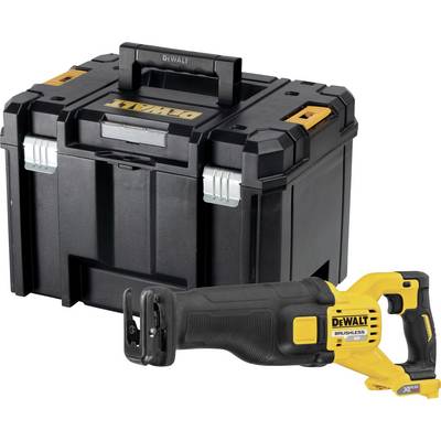 Rumena akumulatorska sabljasta žaga znamke DeWalt leži pred črnim kovčkom za orodje z logotipom DeWalt.