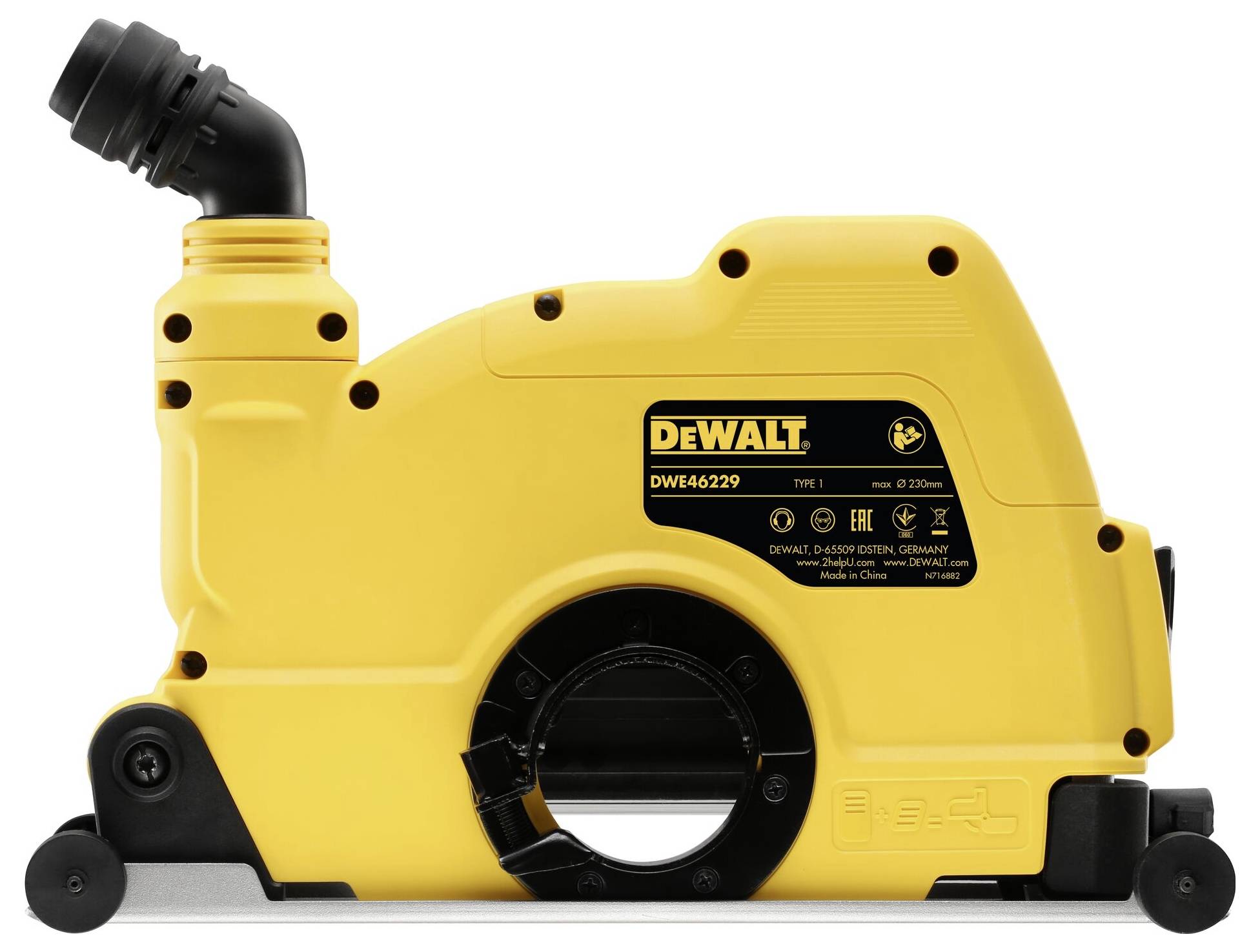 Rumena DeWalt naprava, model DWE46229, za odsesovanje prahu pri gradbenih delih. Ima priključke in kolesa za boljšo mobilnost.
