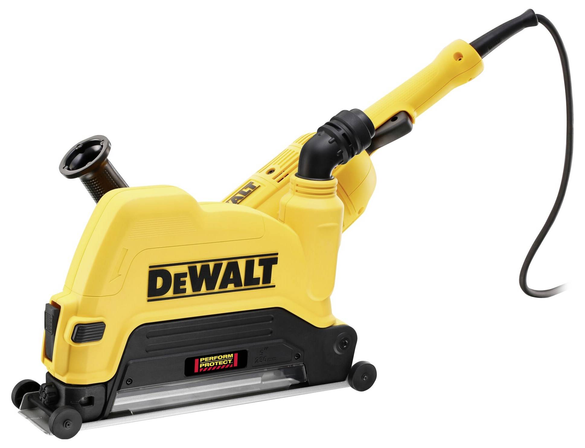 Rumeno električno orodje znamke Dewalt z ročajem in kablom, primerno za natančno rezanje materialov.