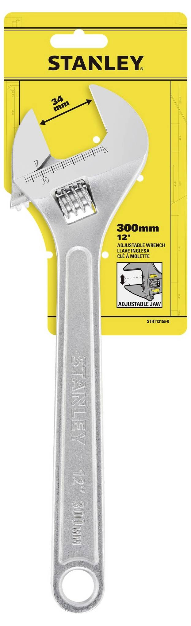 'Nastavljiv ključ z nastavkom znamke Stanley, dolžine 300 mm, na rumeni embalaži. Skala označuje maksimalno odprtino 34 mm.'