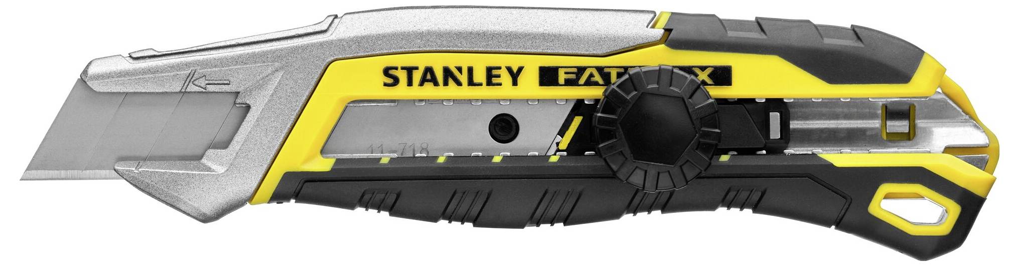 Rumeno-črn Stanley FatMax univerzalni nož z nastavljivo rezilno in ergonomsko ročajem za natančno rezanje.