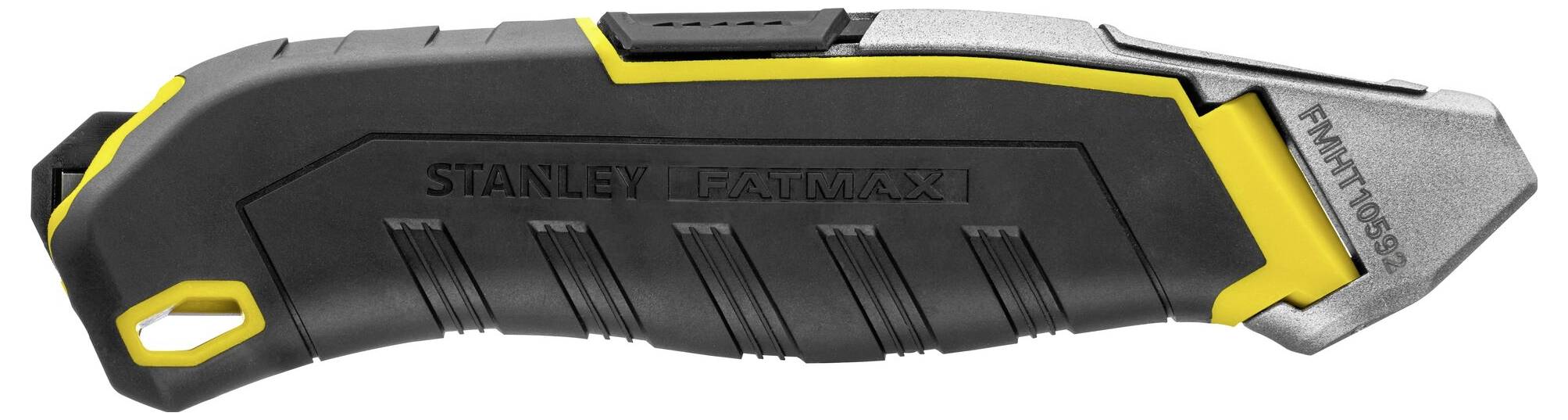 Črn in rumen večnamenski nož z ergonomskim ročajem in kovinskim rezilom. Oznaka: 'Stanley FatMax'. Modelna številka je vidna.