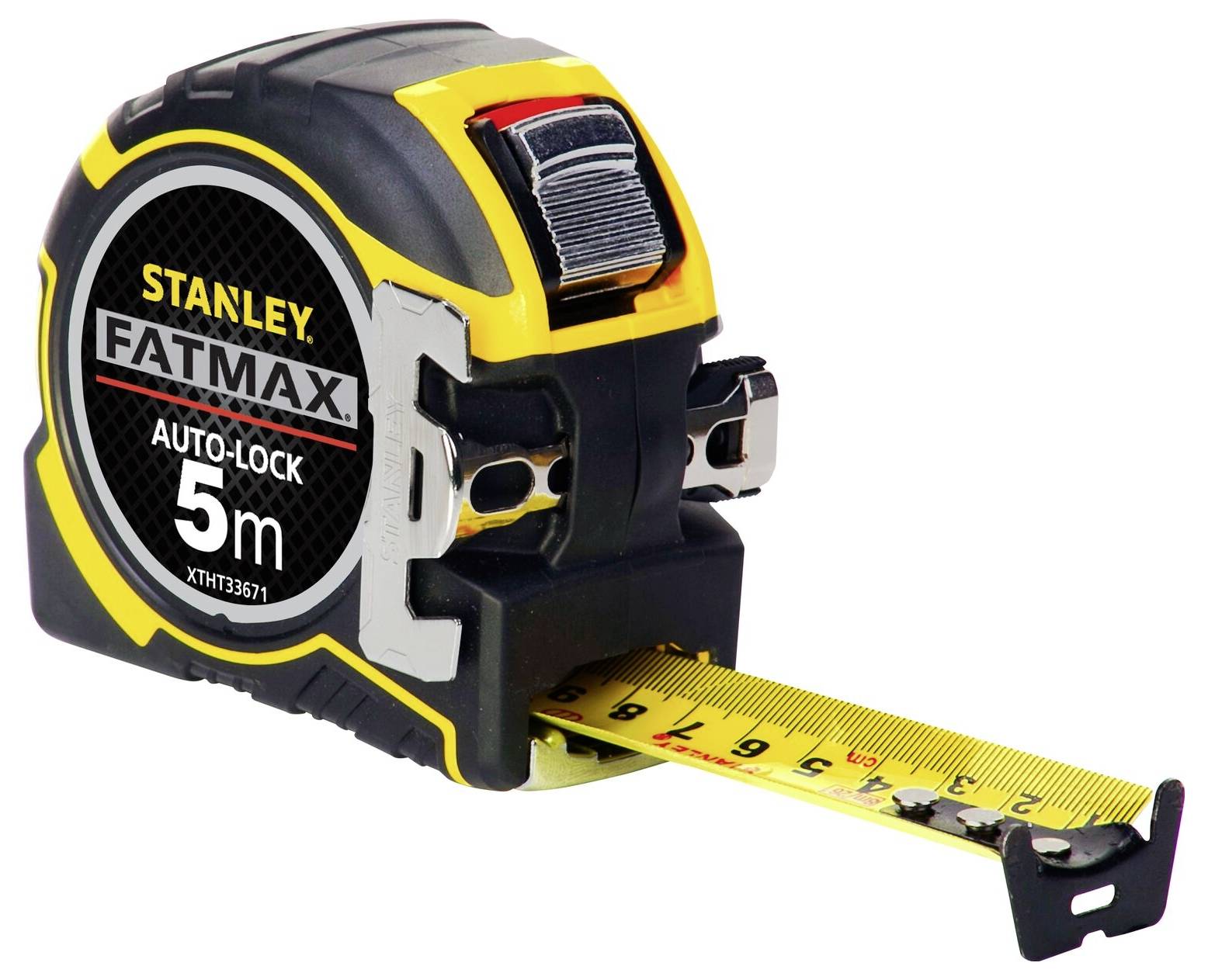 Črno-rumeno merilno trak z napisom 'Stanley Fatmax', razprt do 5 metrov.