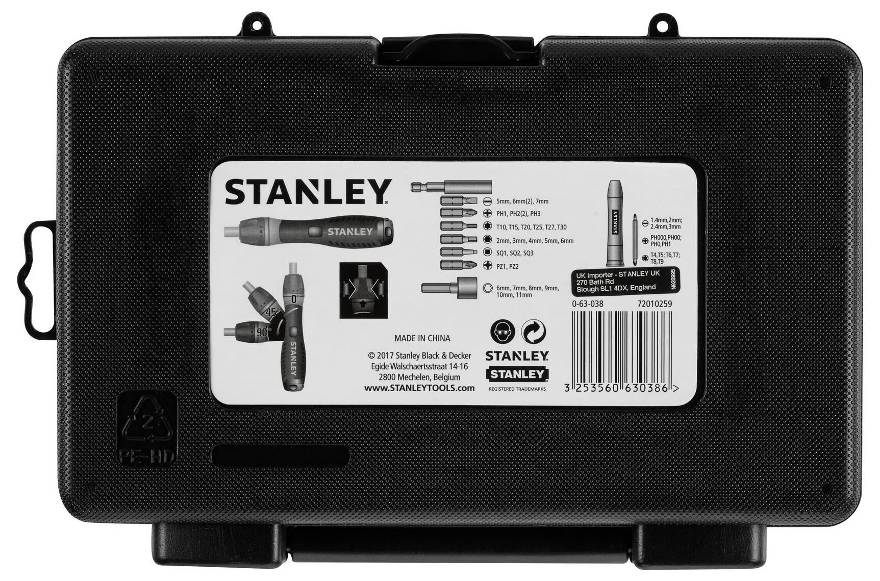 Stabilna škatla z orodjem z imenom in logotipom Stanley, ki vsebuje set vijačnikov z več nastavki.