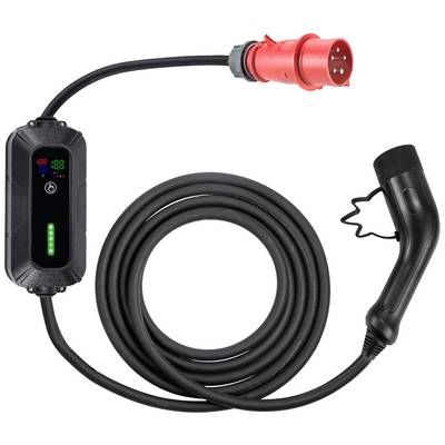 Črn polnilni kabel za električna vozila z rdečim vtičem na levi strani in polnilno ročico na desni strani.
