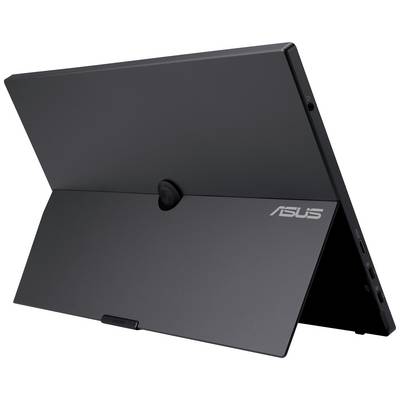 Pogled od zadaj na vitek prenosnik s plastičnim stojalom. Logotip ASUS je viden na sivi zunanji omarici. Na strani je več priključkov.