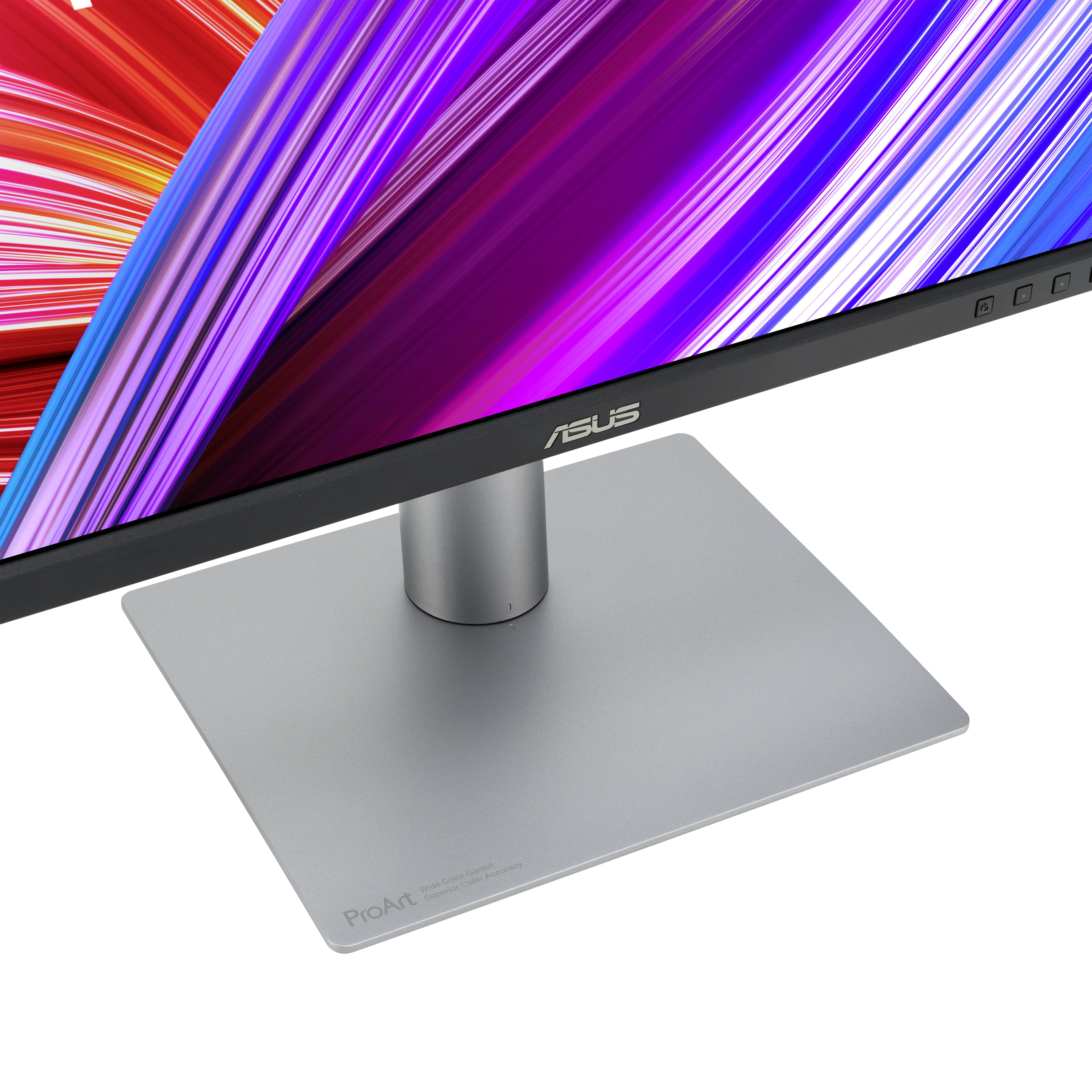 Sodoben monitor ASUS z ozkim robom in elegantnim srebrnim podstavkom je prikazan pod poševnim kotom s strani.