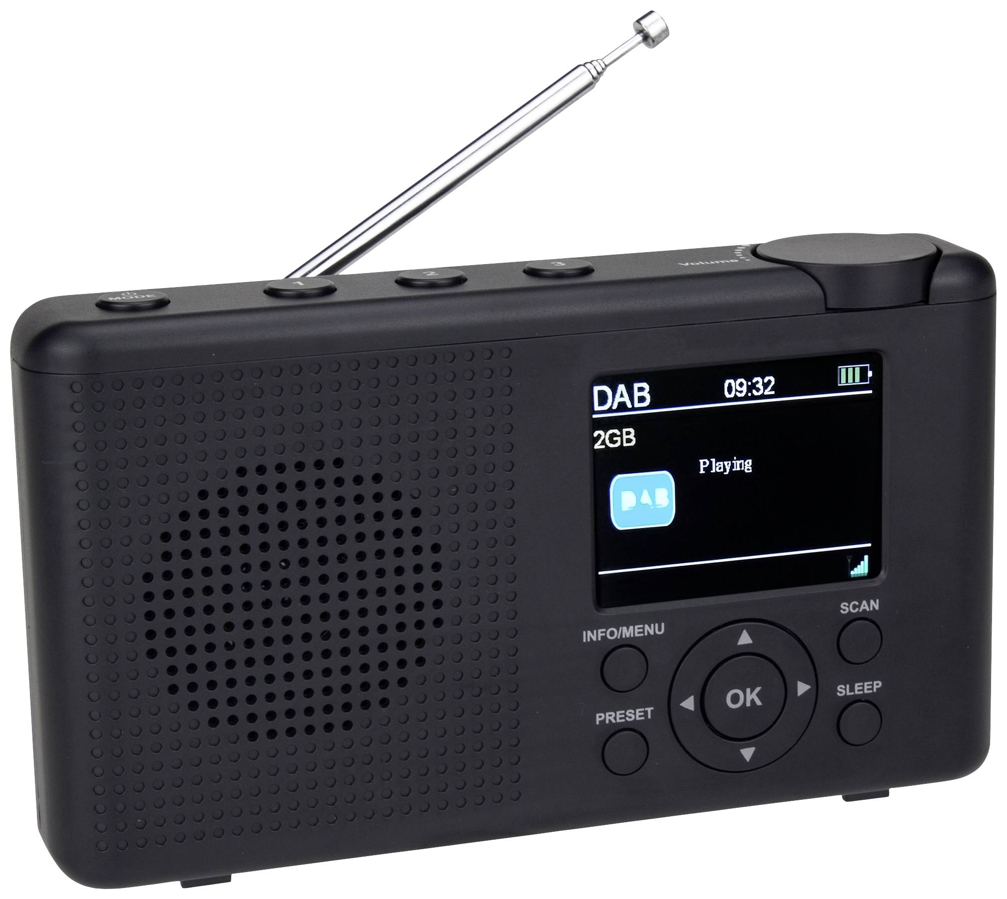 Prenosni DAB radio z izteglivo anteno, zaslon prikazuje 'DAB 2GB Predvajanje'. Tipke za meni, iskanje, prednastavljene postaje in spanje.