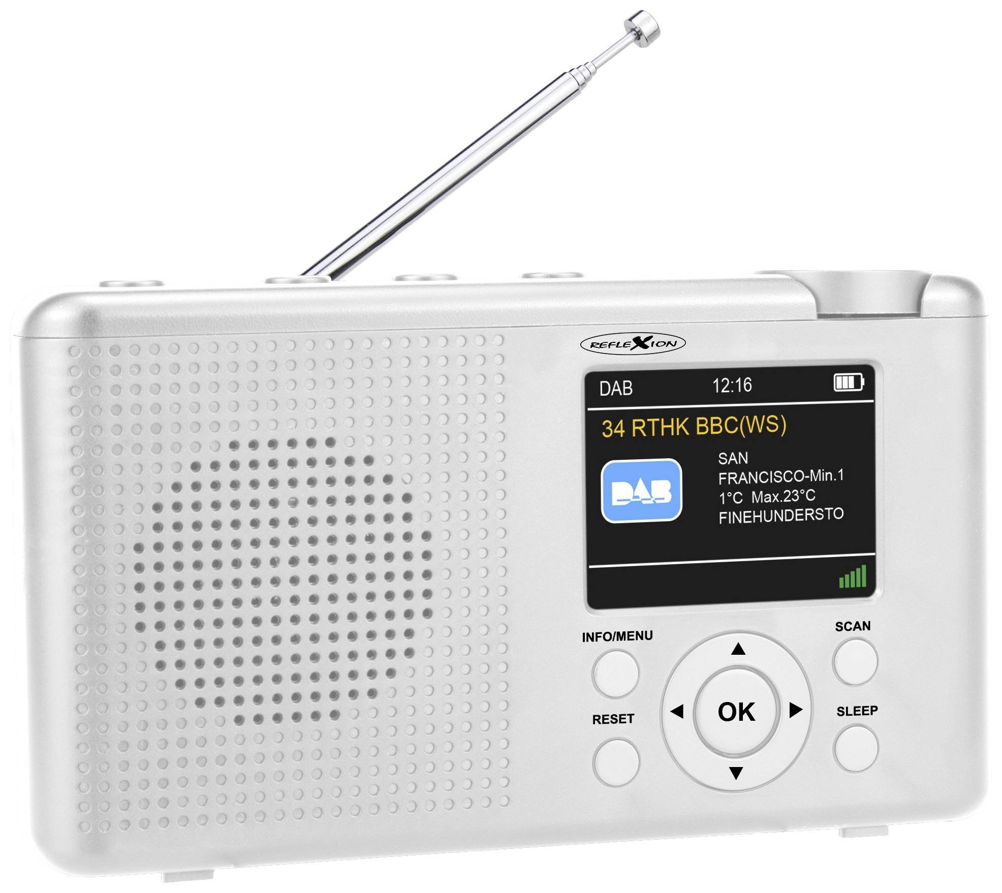 Srebrno DAB-radio z izbirnimi tipkami ima zaslon, ki je nastavljen na '34 RTHK BBC' in prikazuje vremenske podatke spodaj.