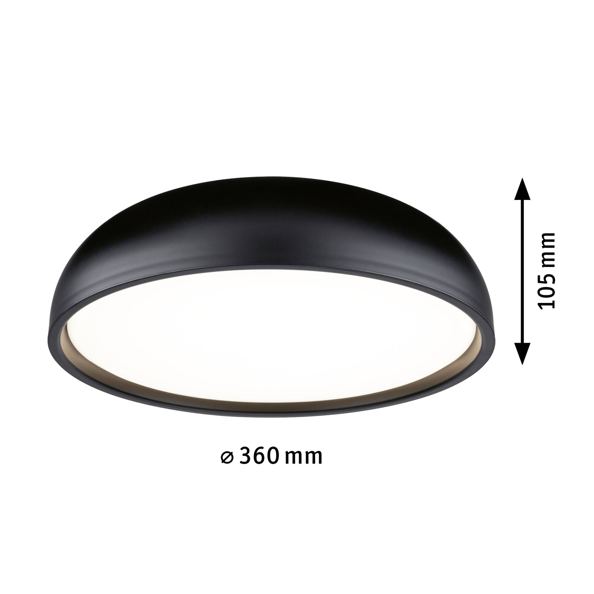 Črna okrogla stropna svetilka s premerom 360 mm in višino 105 mm; moderna, elegantna zasnova.