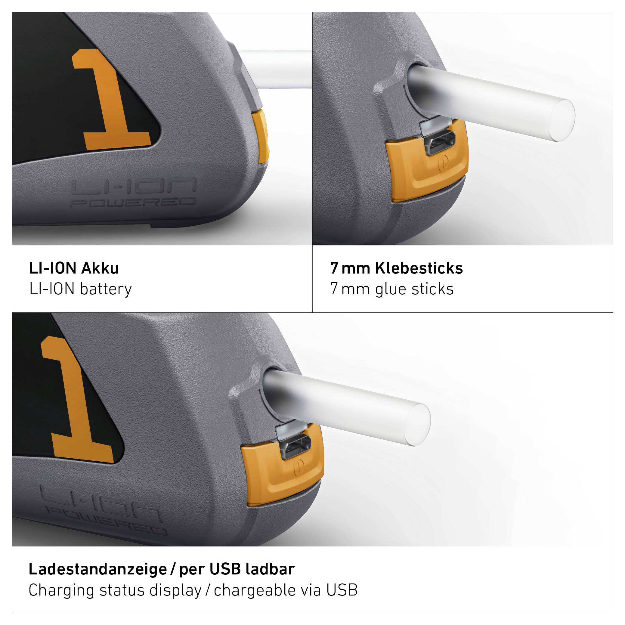Grafika akumulatorskega naprave z Li-Ion baterijo, lepilnimi palicami 7 mm in polnjenje prek USB-ja; prikazuje vstavno pregrado in indikator polnjenja.