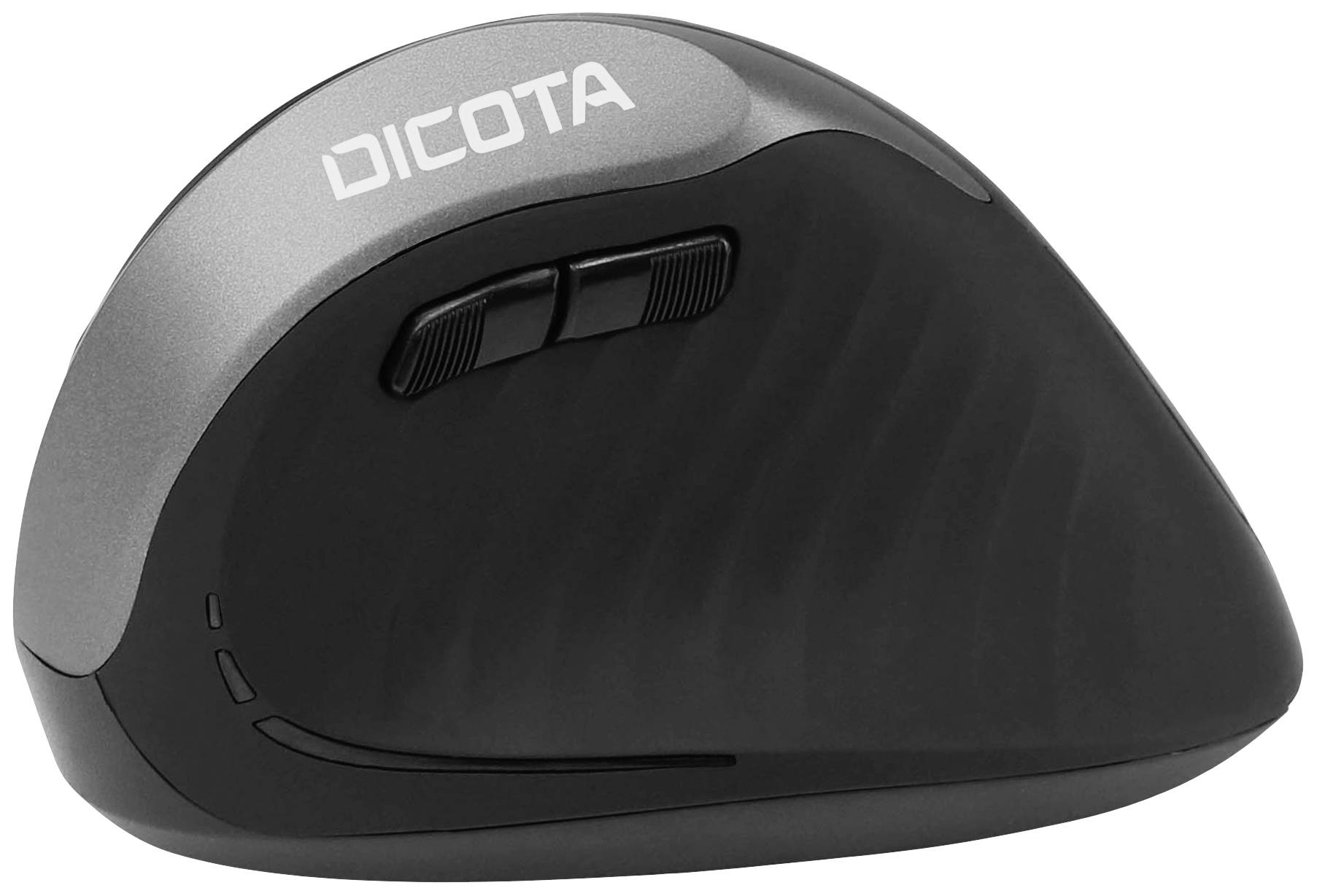 Ergonomska računalniška miška v črni in sivi barvi z dvema stranskima gumboma. Idealna za udobno delo na računalniku.