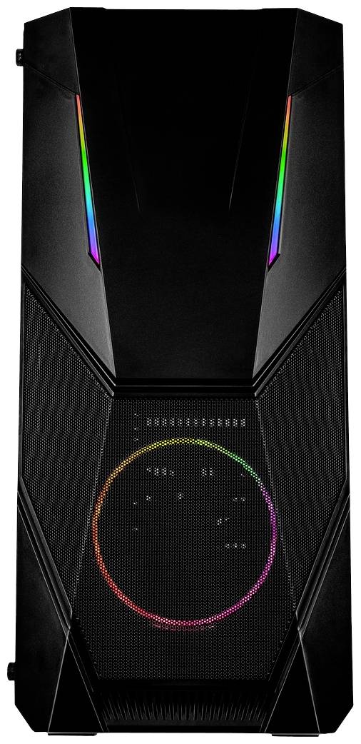 Črno ohišje računalnika z RGB-elementi na straneh in osvetljenim ventilatorjem spredaj.