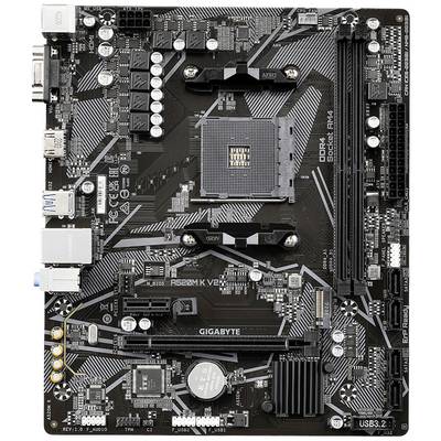 Črna matična plošča z različnimi režami in priključki. Napis prikazuje 'GIGABYTE' in specifikacije za DDR4 RAM.