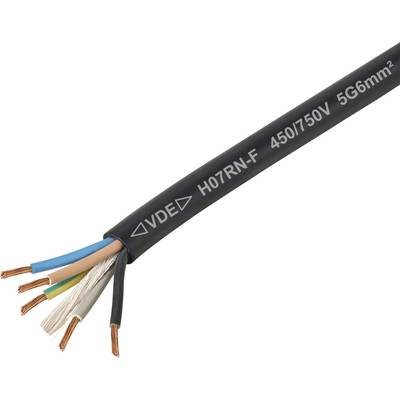 Slika prikazuje električni kabel s petimi izpostavljenimi bakrenimi žicami in črnim zunanjim plaščem, označenim z 'VDE H07RN-F 450/750V 5G6mm²'.