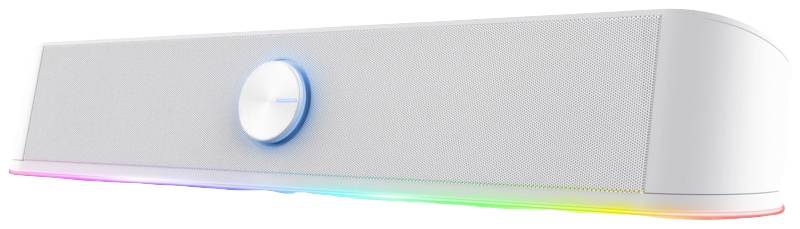 Bel zvočnik z okroglim regulatorjem glasnosti in mavričnim LED-osvetljenjem spodaj.
