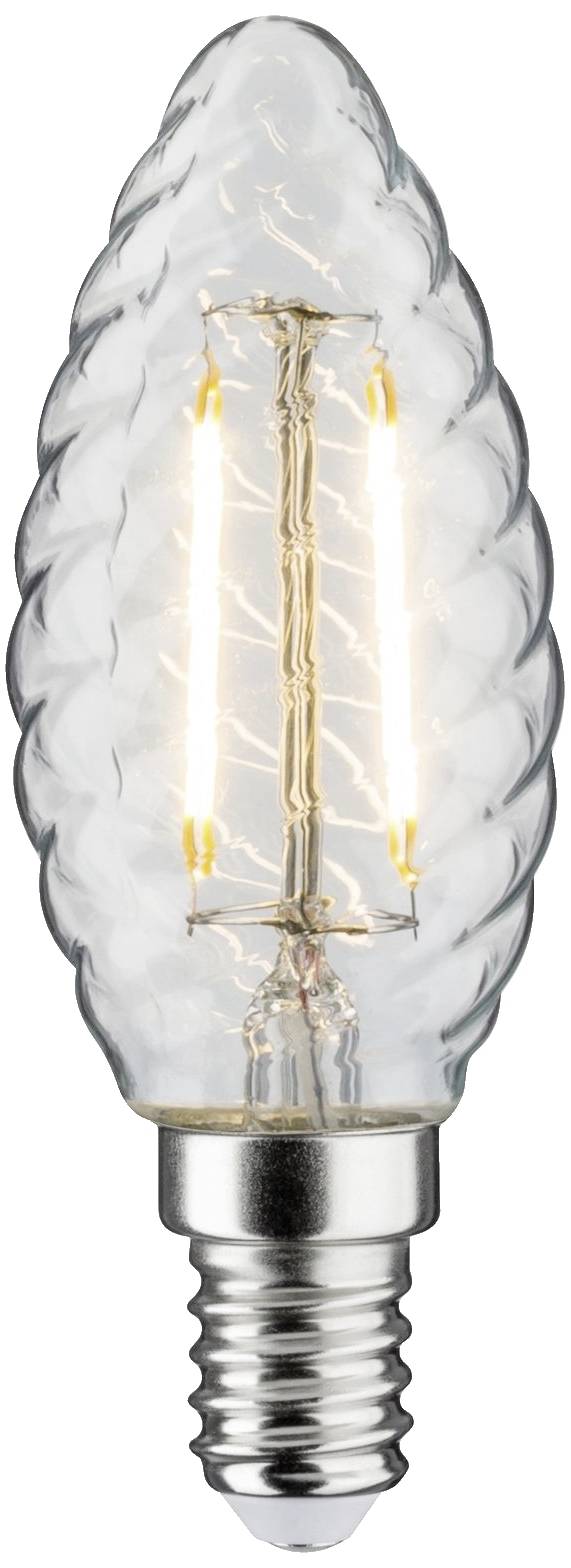LED-sveča z vidnimi nitkami v prosojnem, spiralasto oblikovanem steklenem ohišju.