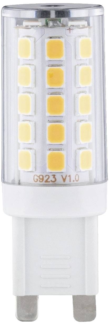 Bela LED-žarnica cilindričnih oblik z več rumenimi svetlobnimi diodami, podnožje tipa G923 V1.0, stoji pokončno.