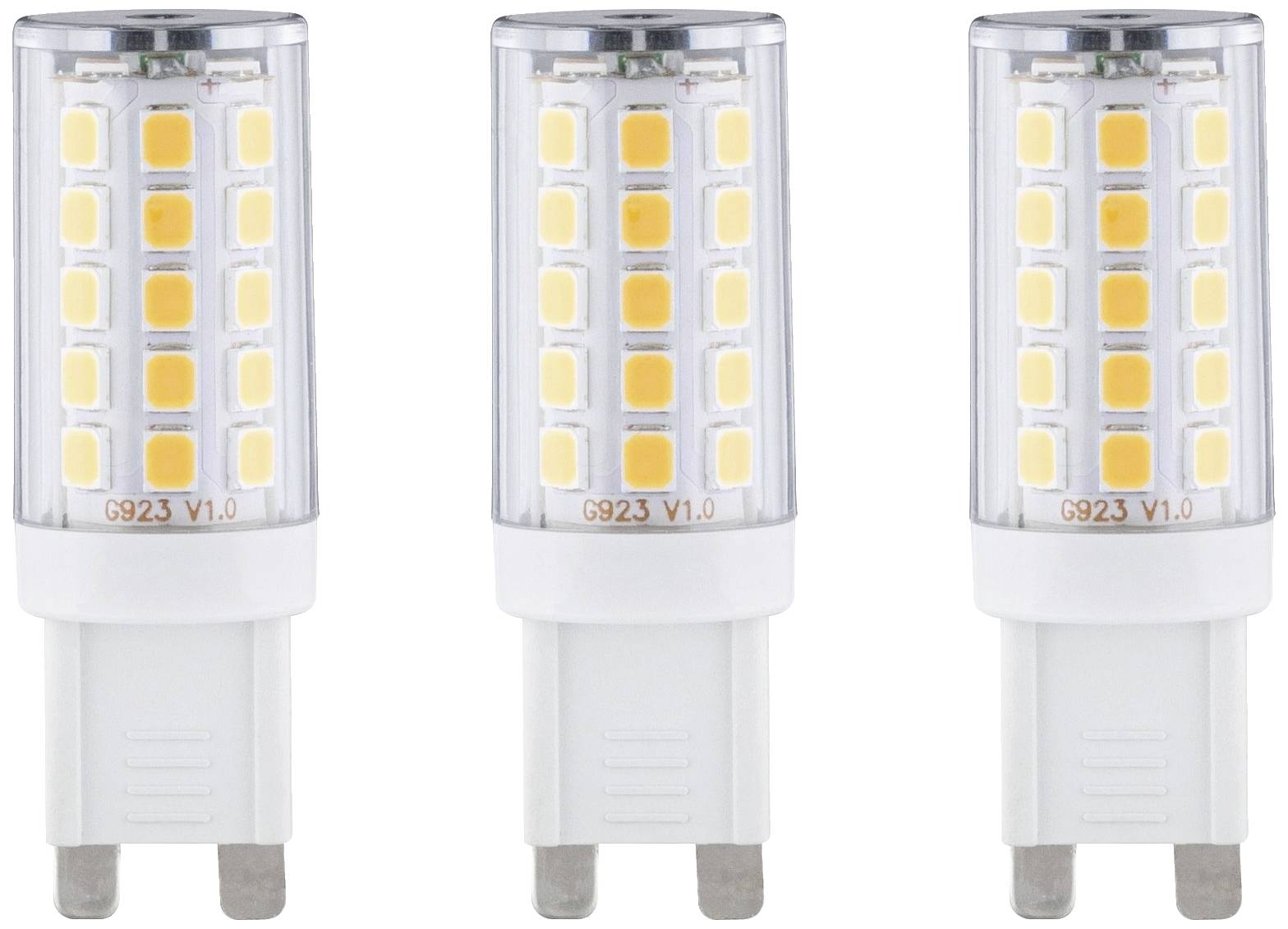 Tri bele LED-žarnice z bazo G9, postavljene pokončno druga ob drugi. Vsaka prikazuje vrsto majhnih, kvadratnih svetlobnih polj.