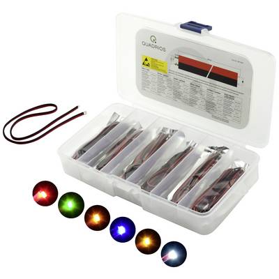 LED začetni komplet v plastični škatli z barvnimi LED diodami, kabli in diagramom na notranji strani pokrova. Vsebuje rdeče, zelene, rumene, modre in bele LED diode.