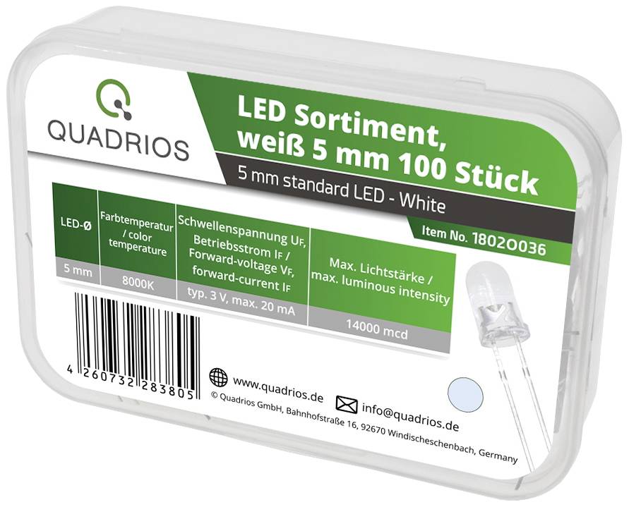LED sortiment, bela 5 mm, 100 kosov v prozornem plastičnem vsebniku. Vsebuje tehnične podatke in kontaktne informacije na nalepki.