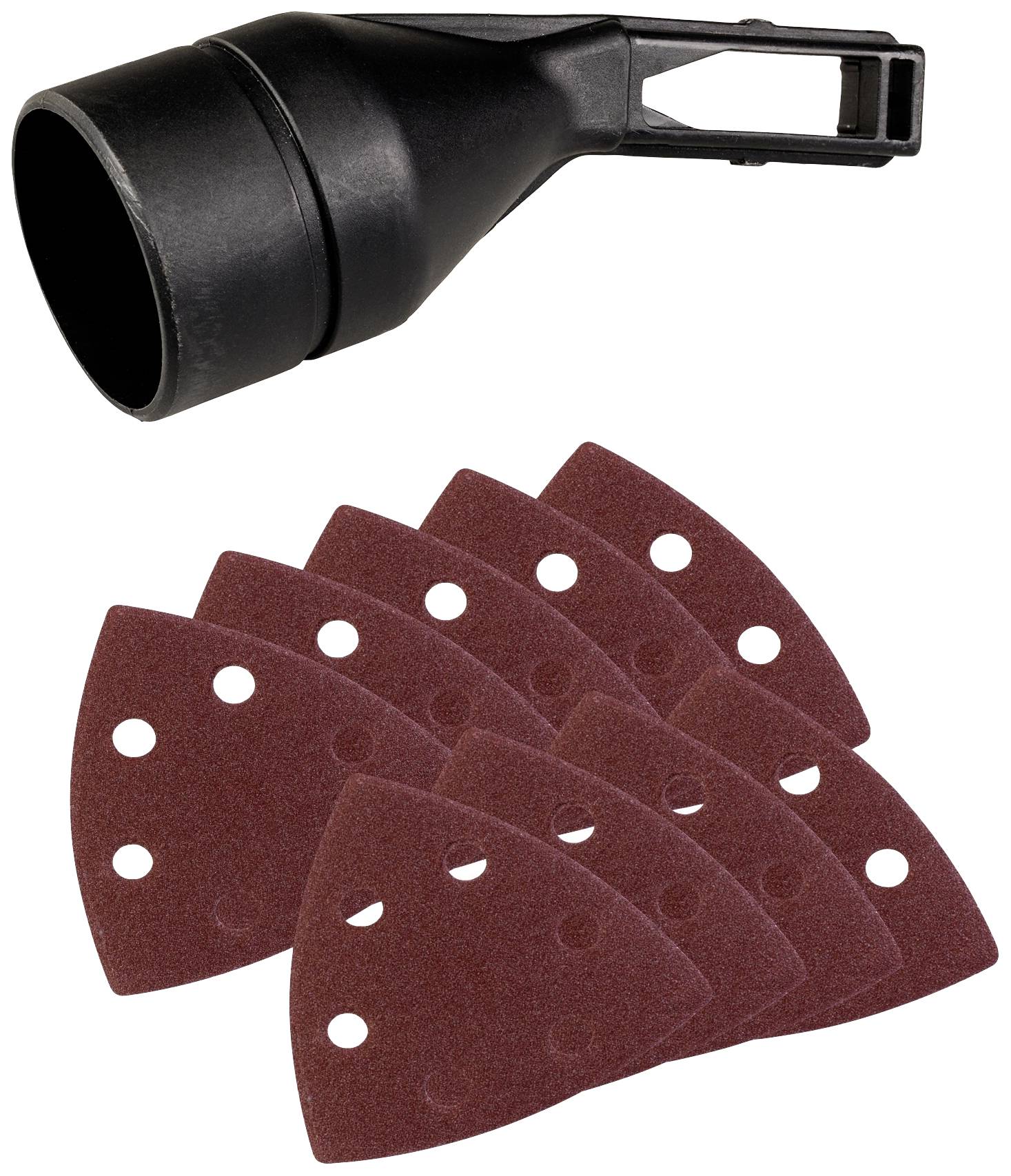 Komplet brusnih papirjev in nastavka za brusilni stroj. Listi so trikotni z luknjami, primerni za različne obdelave površin.