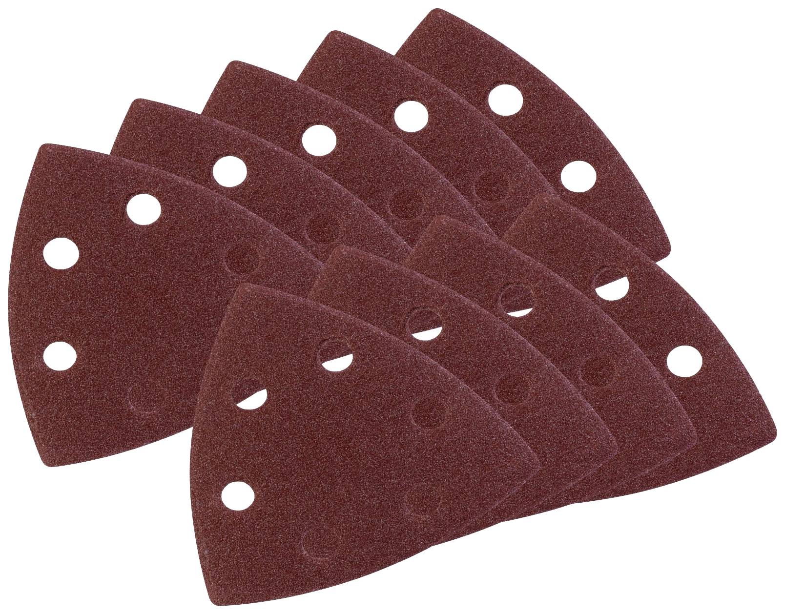 Več trikotnih brusilnih listov z okroglimi luknjami, zloženih in razporejenih pahljačasto.