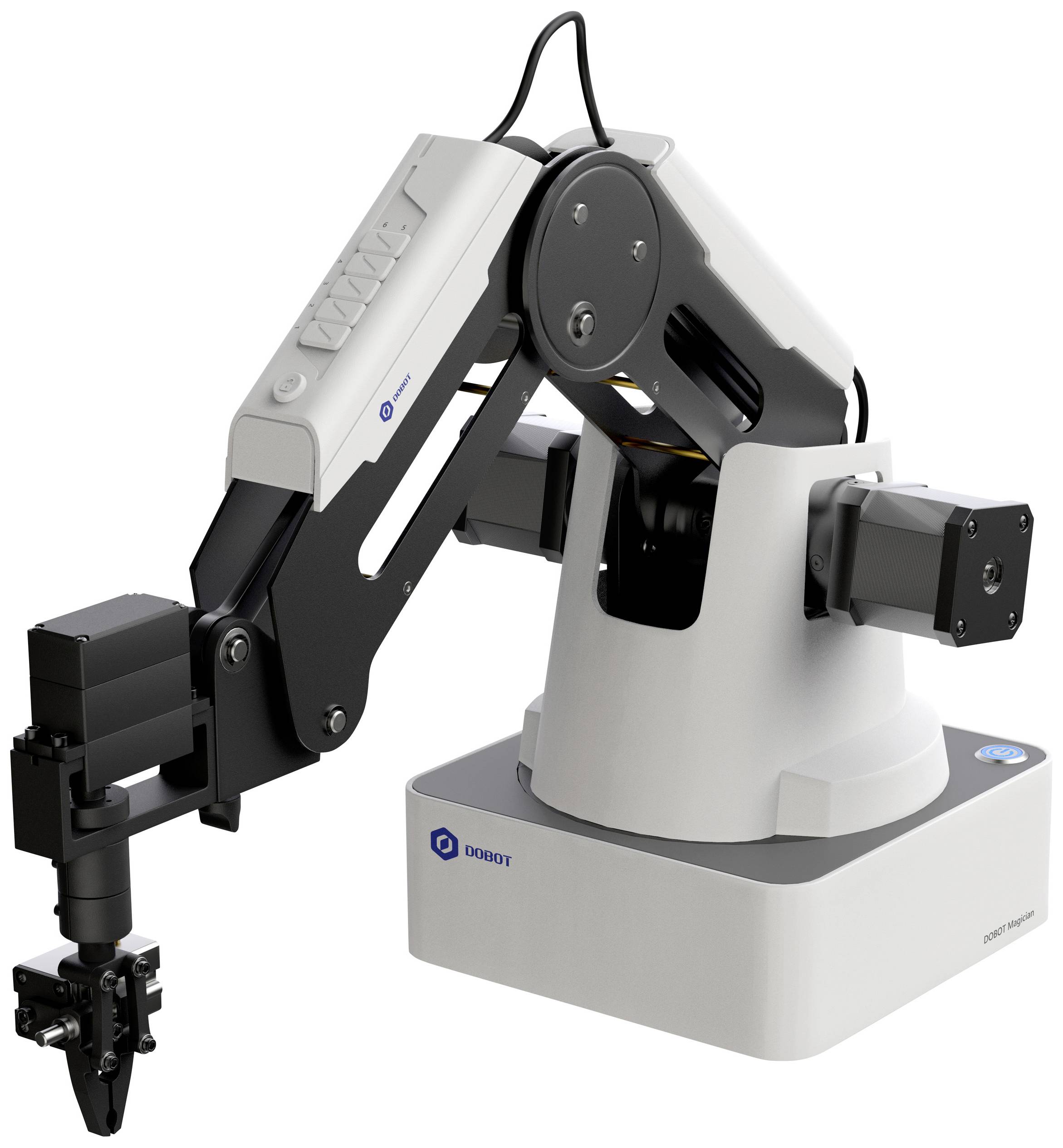 Bel robotski roki z prijemalom na mizi. Ima več sklepov za gibanje in nosi logotip 'DOBOT'.