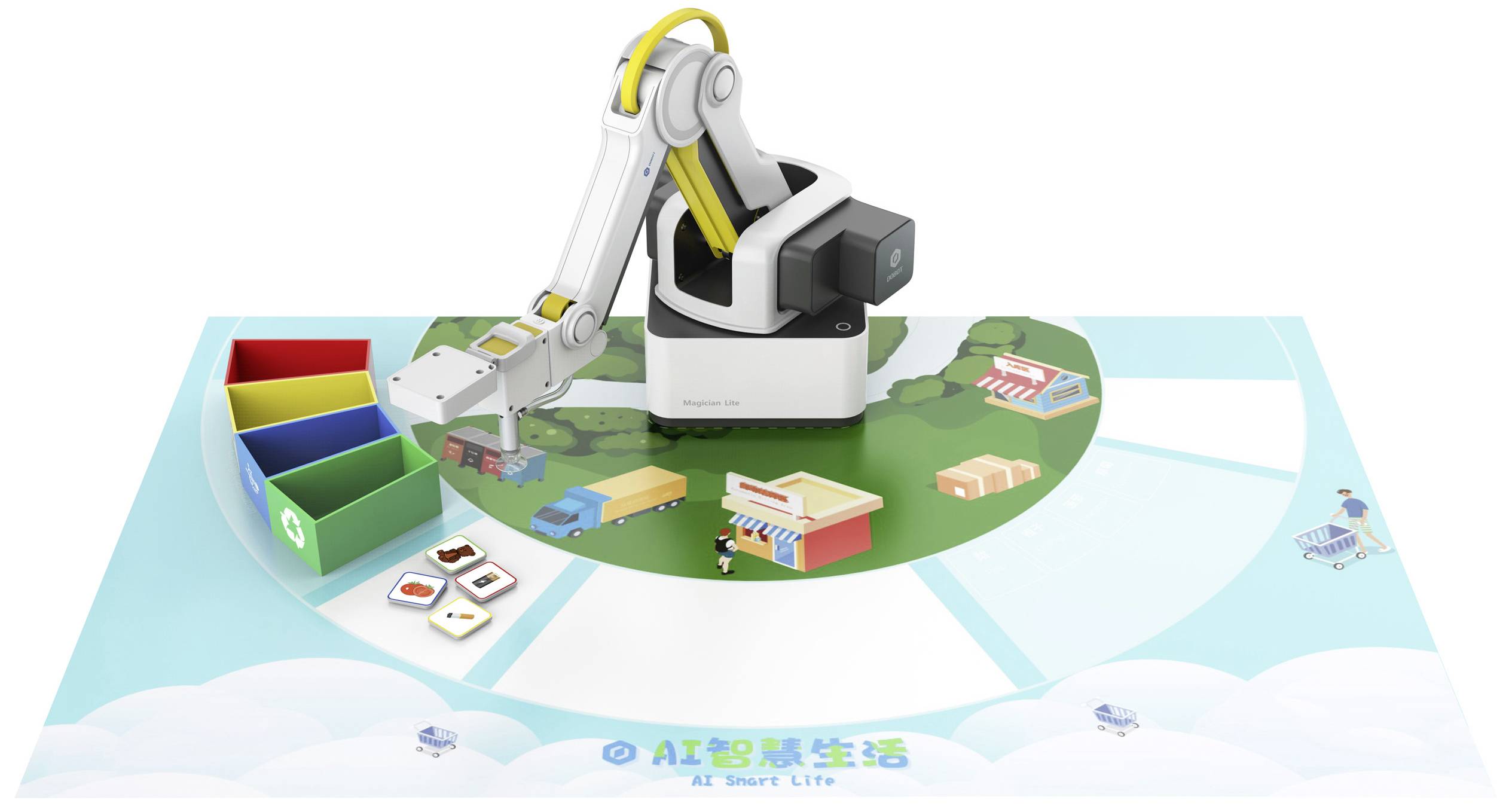 Majhen industrijski robotski arm razvršča barvne kocke na ilustrirani podlogi z miniaturnimi predmeti in prizori. V ozadju je razvidno 'AI Smart Life'.