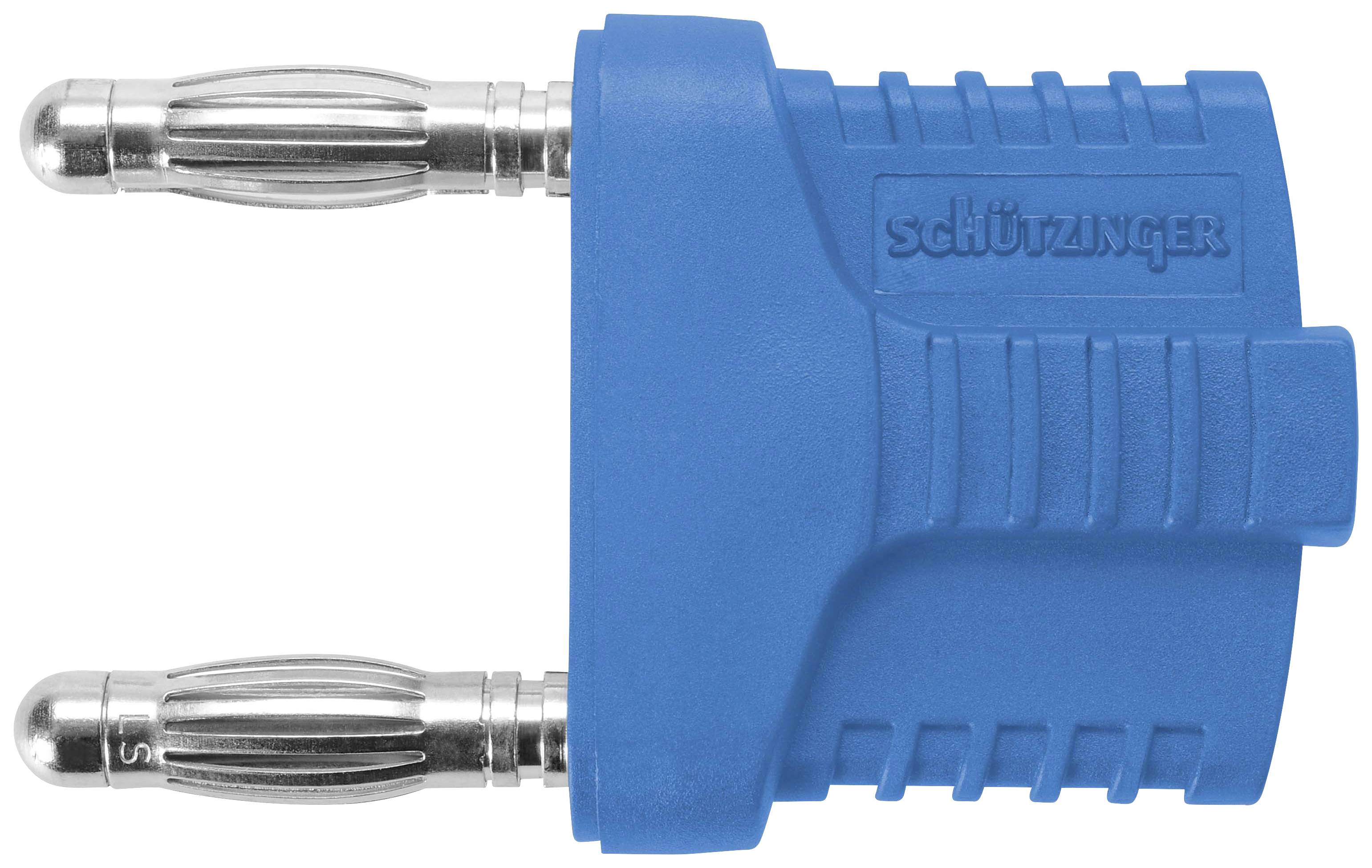 Moder električni vtični adapter z dvema kovinskima kontaktoma. Adapter je namenjen uporabi v električnih vtičnicah.
