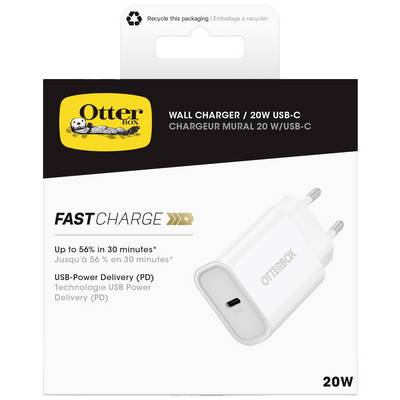 Bela USB-C stenski polnilec znamke Otterbox z 20W močjo. Obljublja hitro polnjenje do 56 % v 30 minutah.