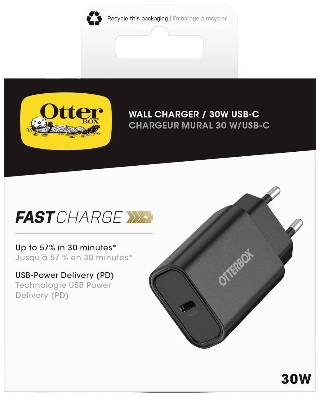 Polnilec OtterBox USB-C, 30W, hiter polnilnik, omogoča do 57% polnjenja v 30 minutah. Embalaža je reciklažna.