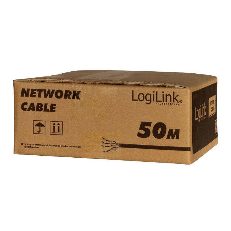Rjava škatla z napisom 'Network Cable LogiLink Professional 50M'. Vidni so simboli za previdnost in pravilno shranjevanje.