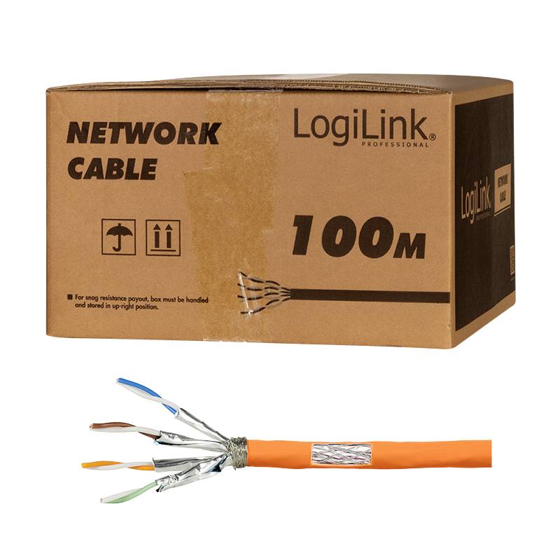 Omrežni kabel znamke LogiLink, dolžine 100 metrov, karton prikazuje simbole za skladiščenje in rokovanje, kabel v oranžni barvi s prostimi žicami.