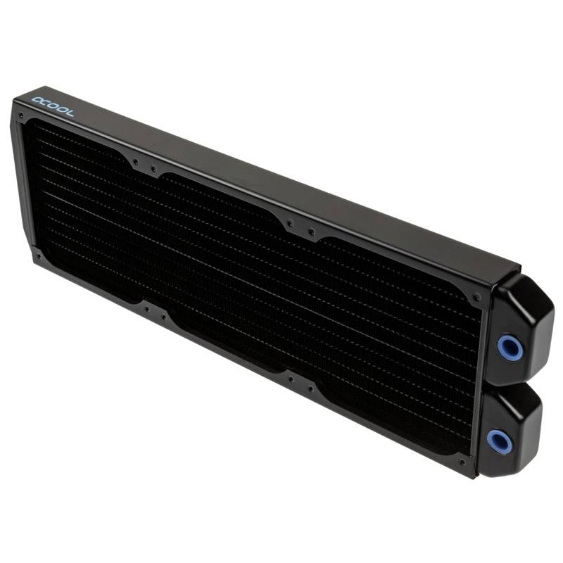 Črn računalniški radiator za hlajenje z modrimi priključnimi odprtinami, primeren za uporabo v sistemih hlajenja.