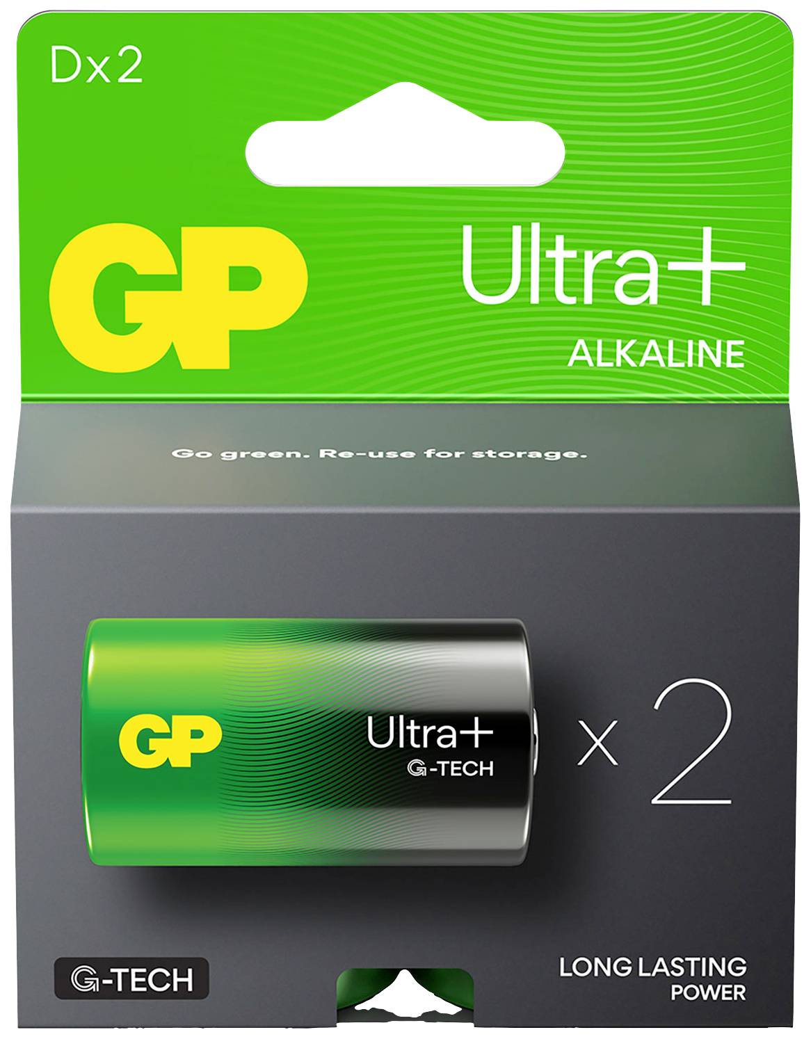 Zeleno-črna baterija GP Ultra+ G-Tech z rumenim logotipom GP in stranskim plusom.
