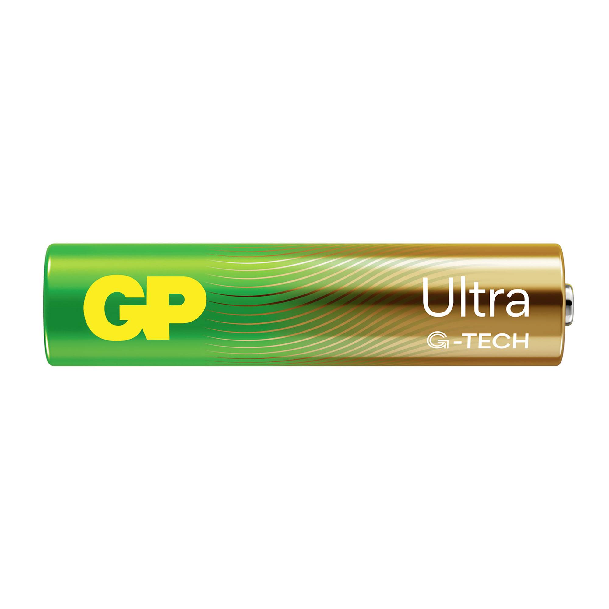 Zelena baterija GP Ultra G-TECH z rumenim logotipom in zlatim pozitivnim polom.