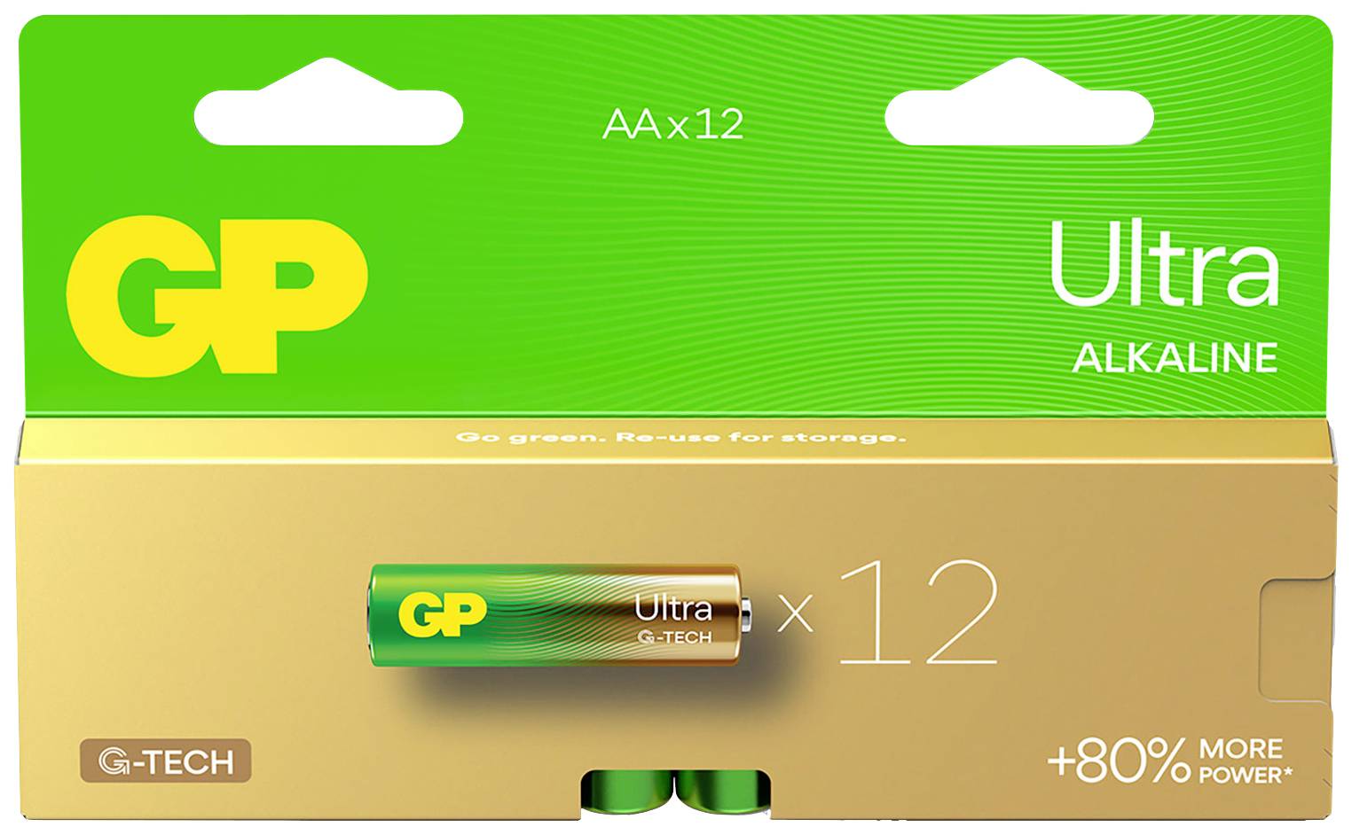Zeleno-zlata GP Ultra G-TECH baterija z rumenim GP-logotipom in belim napisom »Ultra G-TECH«.