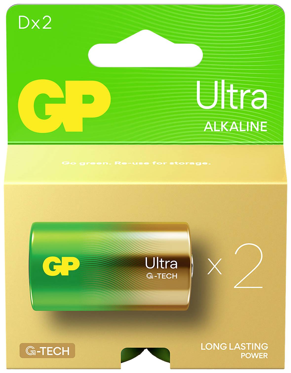 Embalaža 2 GP Ultra Alkaline G-TECH baterij, zeleno-zlati dizajn s podobo baterije in napiso 'Long lasting power'.